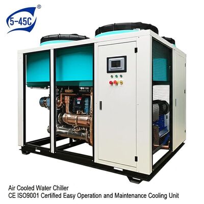 محدوده دمای محیط 5-45 درجه سانتیگراد چیلر آب خنک کننده هوا دارای گواهینامه CE ISO9001 عملکرد آسان و نگهداری واحد خنک کننده