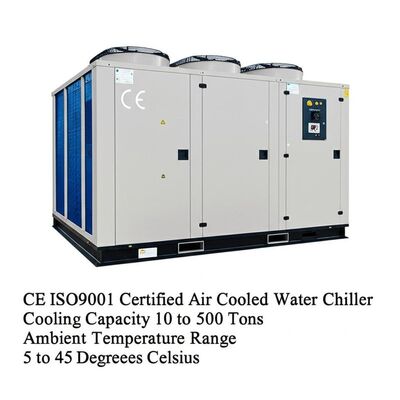 چیلر آب خنک با گواهی CE ISO9001، ظرفیت خنک‌کنندگی 10 تا 500 تن، محدوده دمای محیط 5 تا 45 درجه سانتیگراد